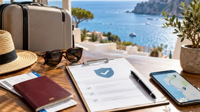 Passeport, valise et formulaire d'assurance voyage face à la mer.