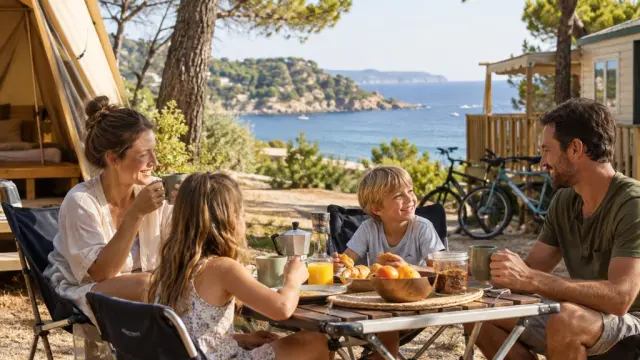 Famille au petit-déjeuner devant un camping face à la mer.