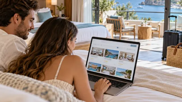 Couple comparant des hôtels sur un ordinateur, dans une chambre avec vue mer.