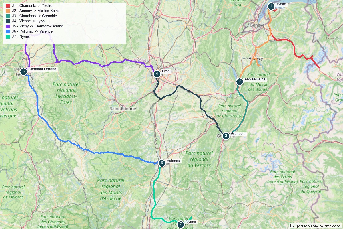 Carte du road trip en Auvergne-Rhône-Alpes, tracé jour par jour