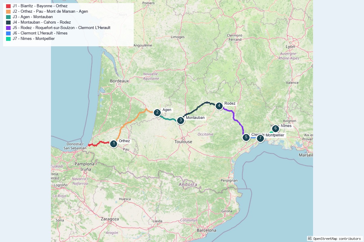Carte du road trip de Biarritz à Montpellier