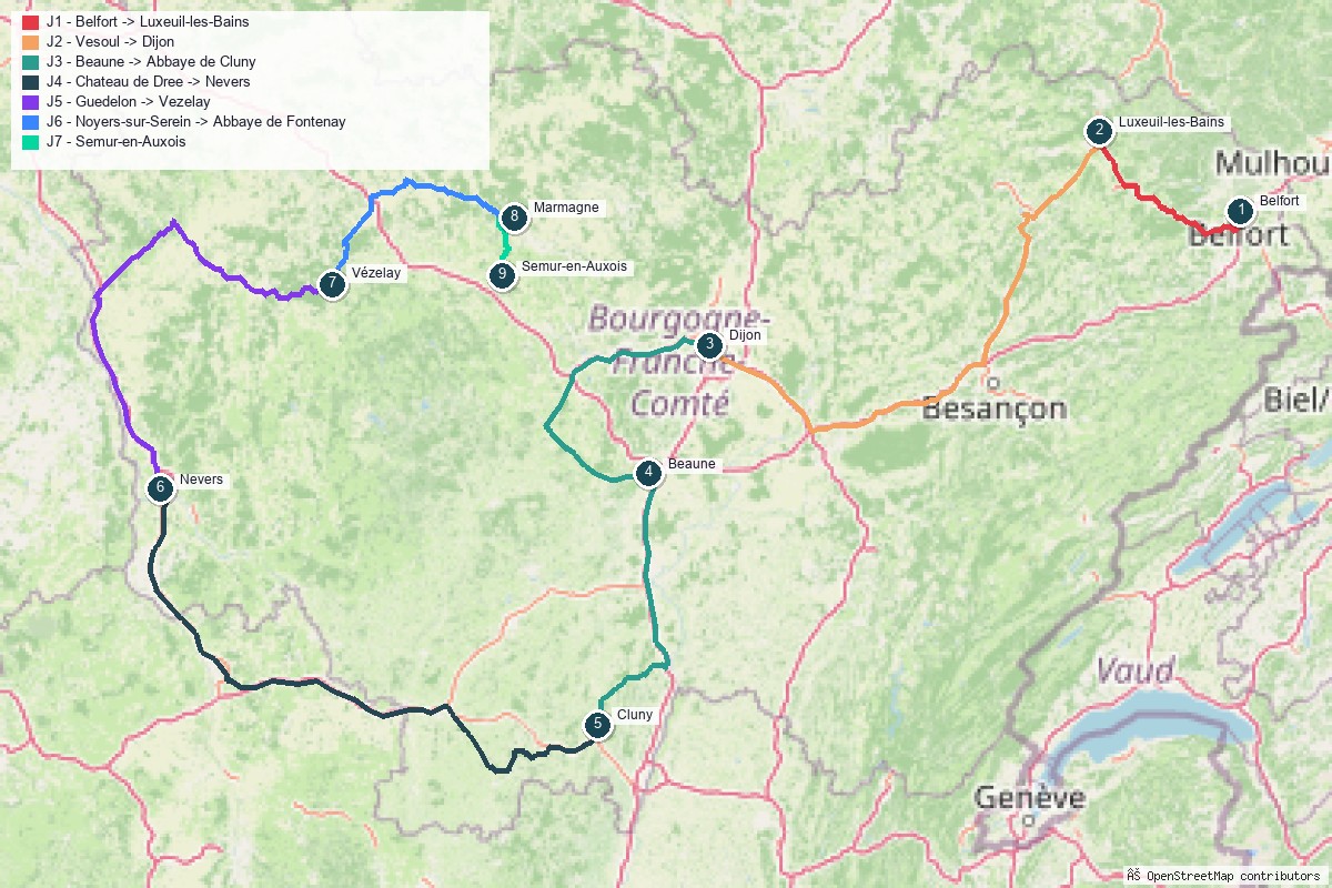 Carte du road trip de 7 jours en Bourgogne-Franche-Comté, tracé jour par jour