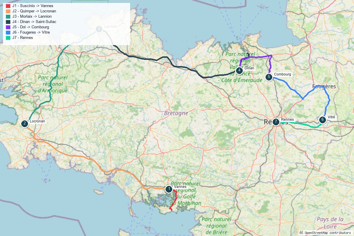 Carte du road trip en Bretagne, tracé jour par jour