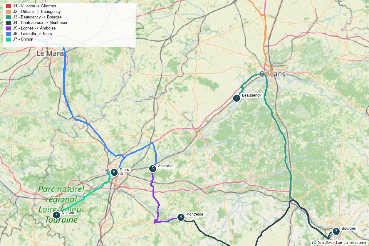 Carte du road trip en Centre-Val de Loire, tracé jour par jour
