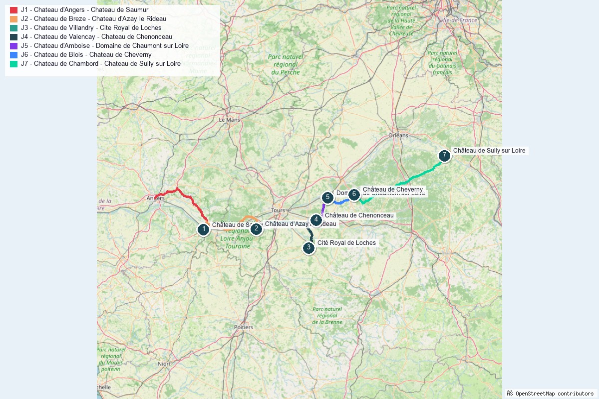 Carte du road trip des châteaux de la Loire