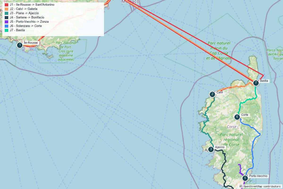 Carte du road trip en Corse, tracé jour par jour