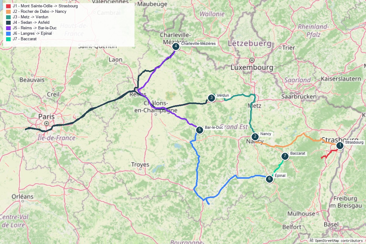 Carte du road trip dans le Grand Est, tracé jour par jour
