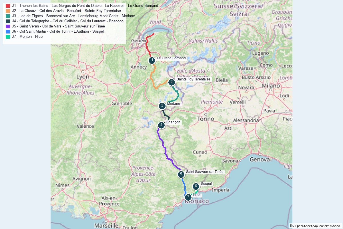Carte du road trip sur la Route des Grandes Alpes
