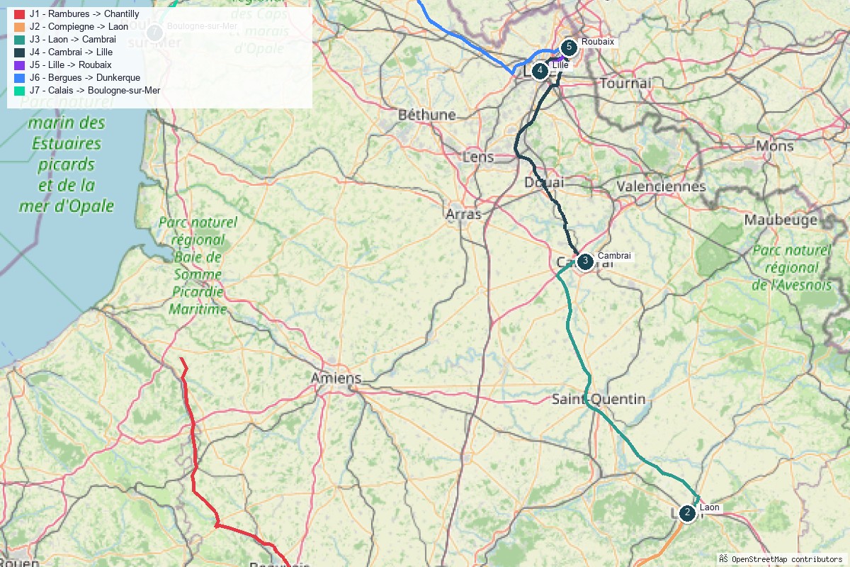 Carte du road trip en Hauts-de-France, tracé jour par jour