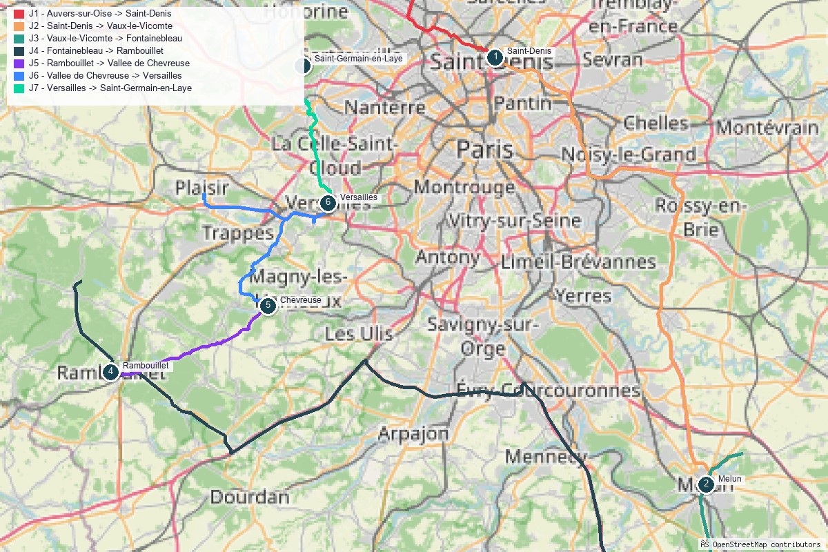 Carte du road trip en Île-de-France, tracé jour par jour