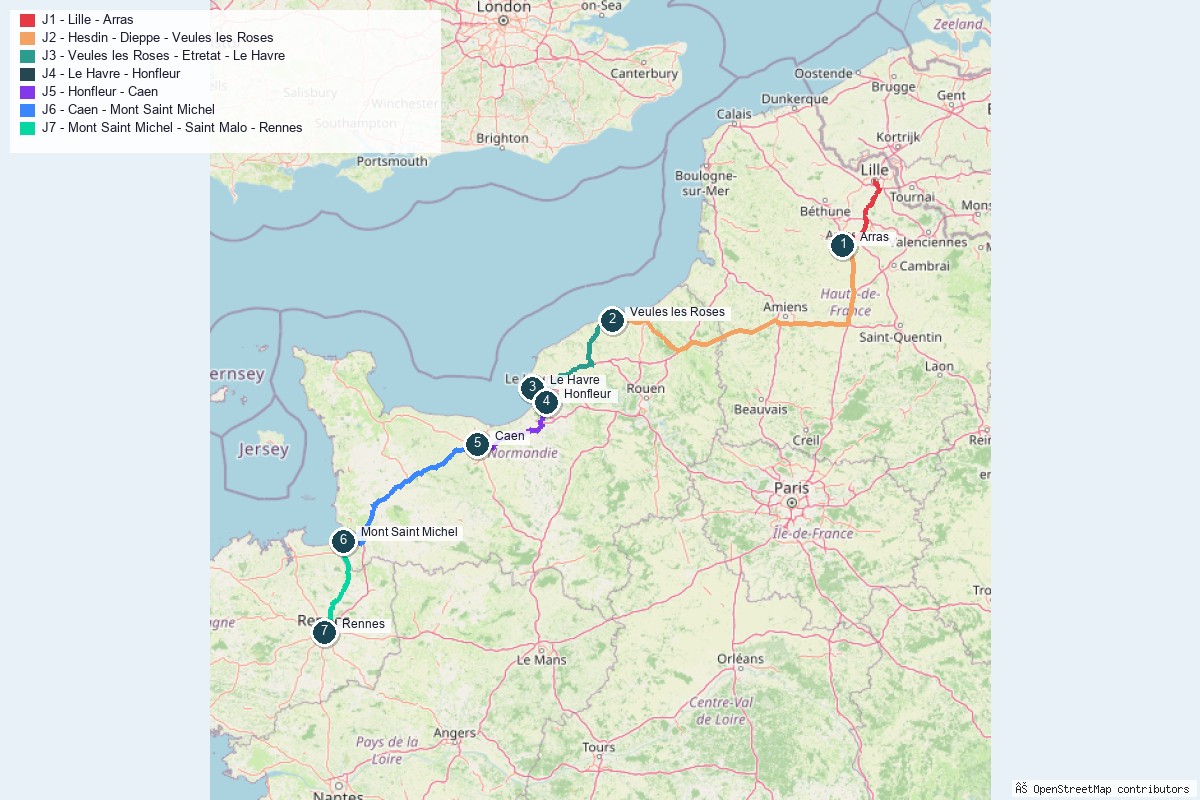 Carte du road trip de Lille à Rennes