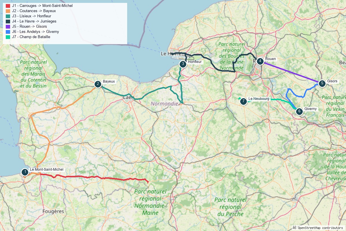 Carte du road trip en Normandie, tracé jour par jour