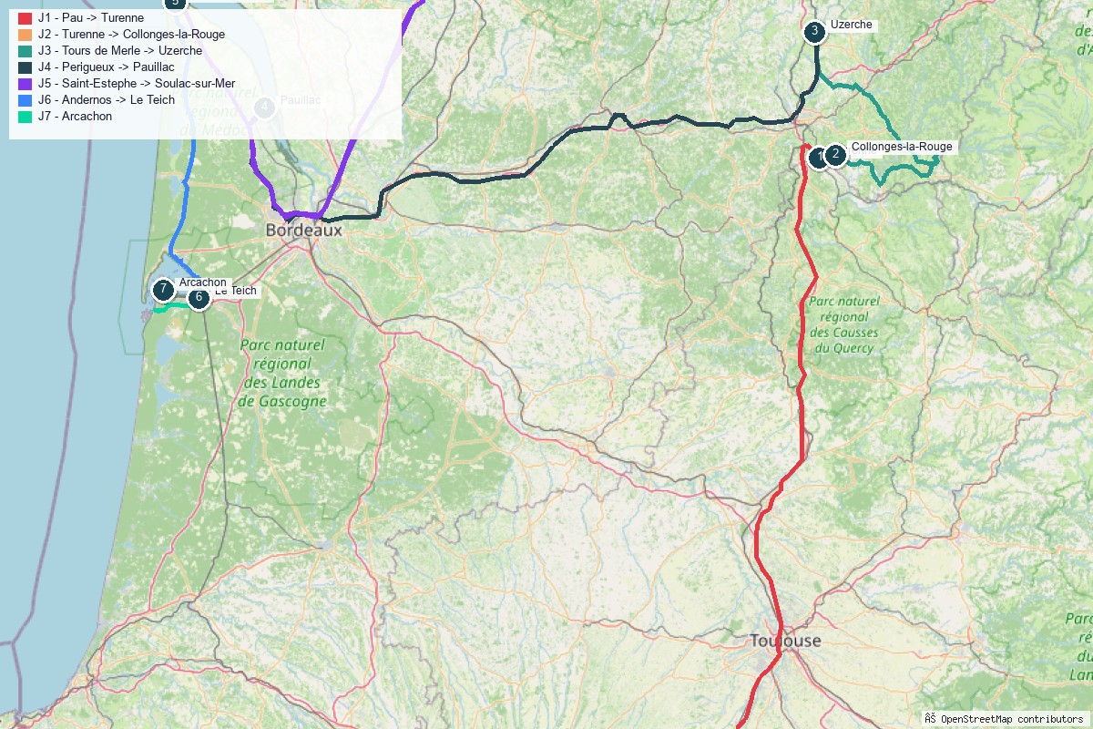 Carte du road trip en Nouvelle-Aquitaine, tracé jour par jour