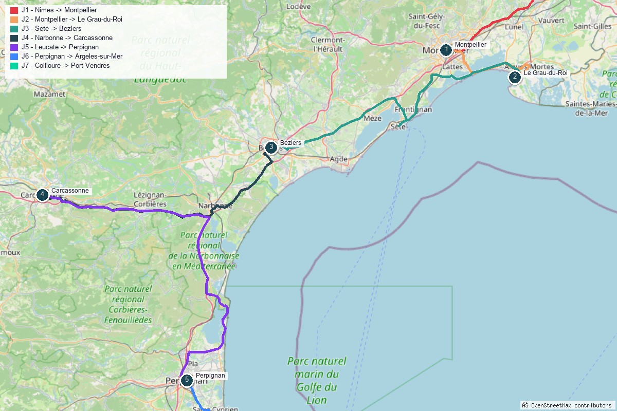 Carte du road trip en Occitanie, tracé jour par jour