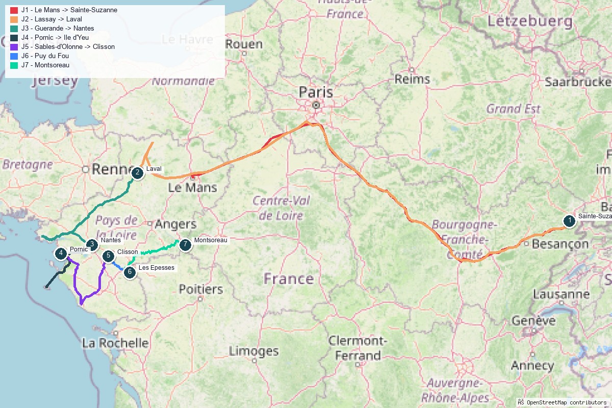 Carte du road trip en Pays de la Loire, tracé jour par jour