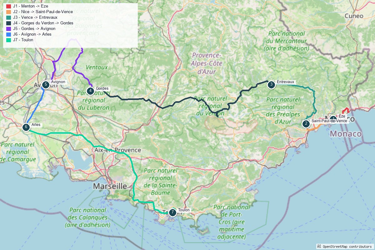 Carte du road trip en Provence-Alpes-Côte d'Azur, tracé jour par jour