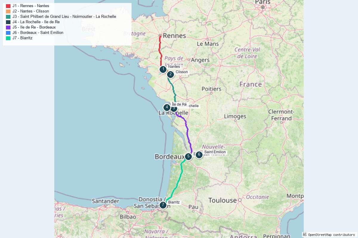 Carte du road trip de Rennes à Biarritz