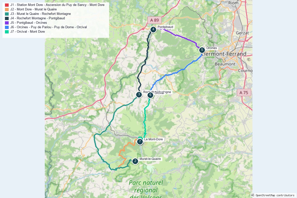 Carte du road trip sur la route des volcans d'Auvergne
