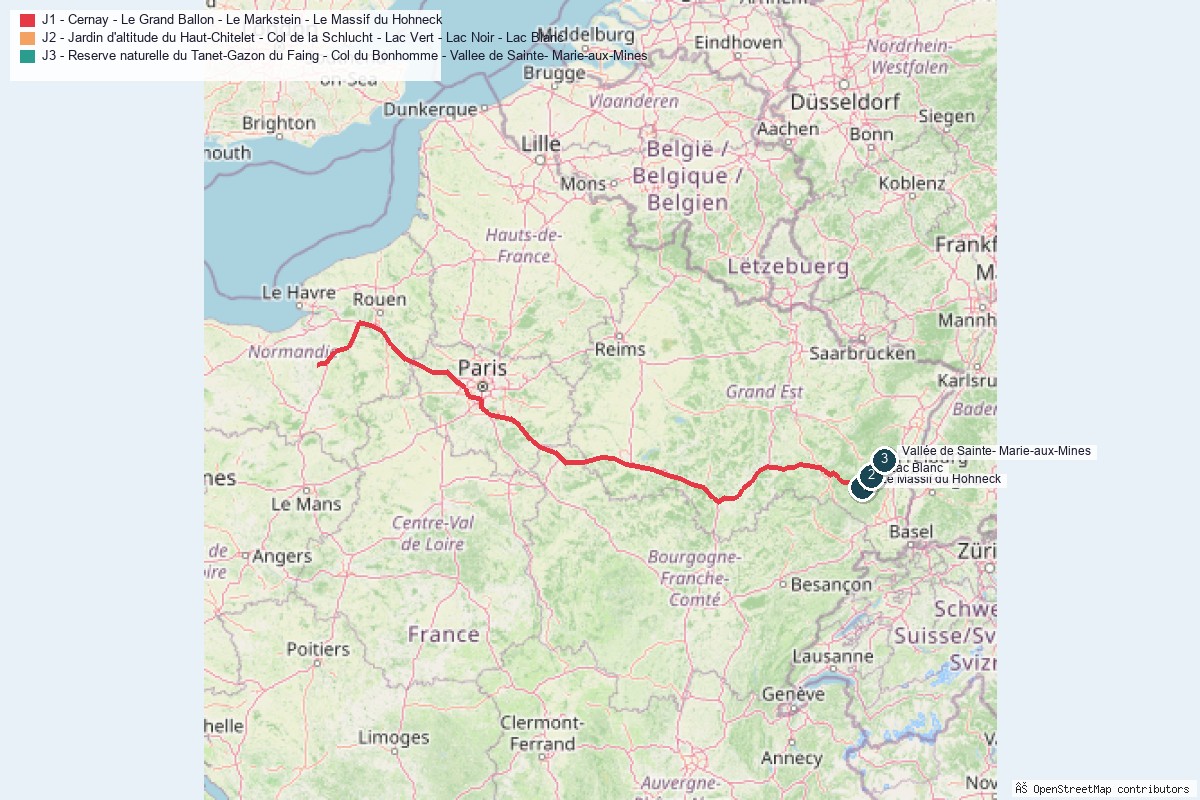 Carte de la route des Crêtes des Vosges, tracé jour par jour